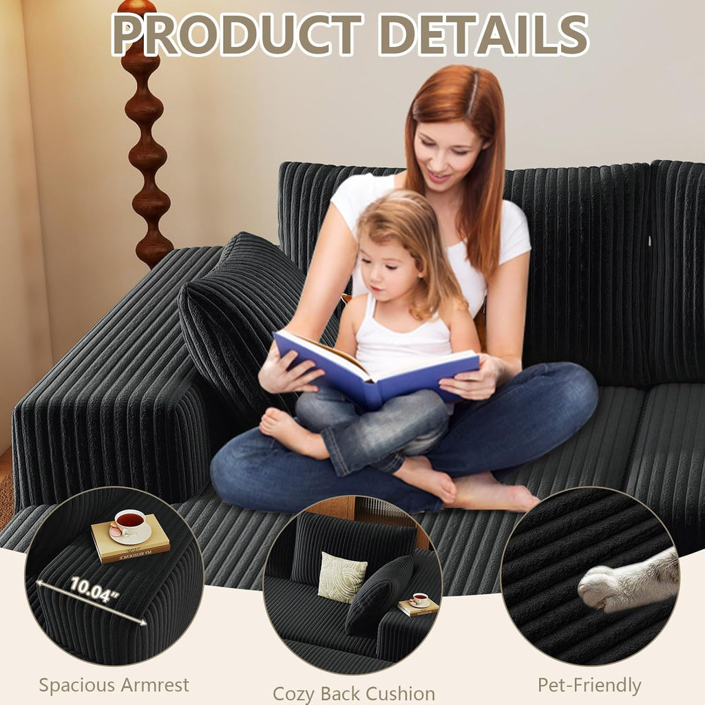 96" Cloud Sectional Couch with U-Shaped Chaise, Corduroy Sectional Sofa with Ottoman, Couch with Deep Seat in a Box for Living Room, No Assembly Required (Black, Left Facing Chaise)