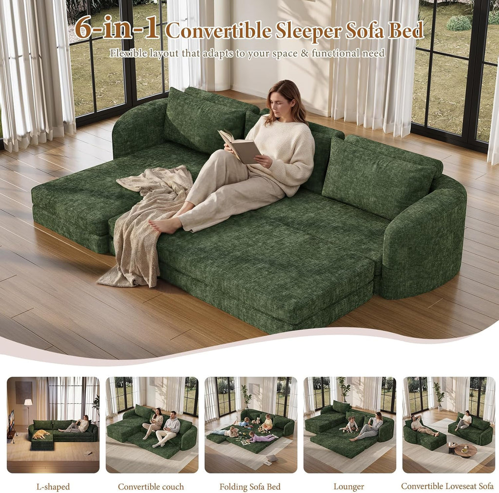 Vesgantti 110.2" Modular Sectional Sofa with Curved Armrest, 6 in 1 Convertible Folding Sleeper Sofa Bed, Chenille Couch for Living Room, No Assembly Required, Green, Left Facing Chaise