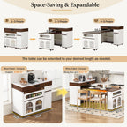 Extendable Dining Table with Extra-Long Folding Top, Rolling Kitchen Island with Storage Cabinet, Drawer, Glass Doors, Power Outlet and Brake Lock, Walnut/Creamy White