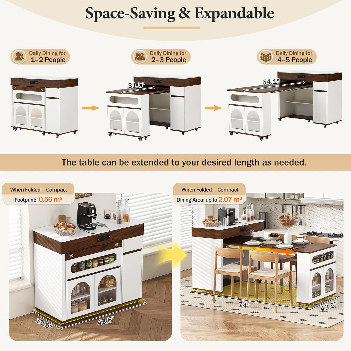 Extendable Dining Table with Extra-Long Folding Top, Rolling Kitchen Island with Storage Cabinet, Drawer, Glass Doors, Power Outlet and Brake Lock, Walnut/Creamy White