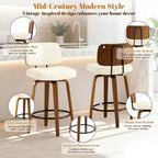Counter Height Bar Stools Set of 3, 26+inch Swivel Faux Leather Barstool with Back, Upholstered Mid-Century Modern Bar Chairs with Bent Wood Legs for Kitchen Counter, Dining Room, Cream White