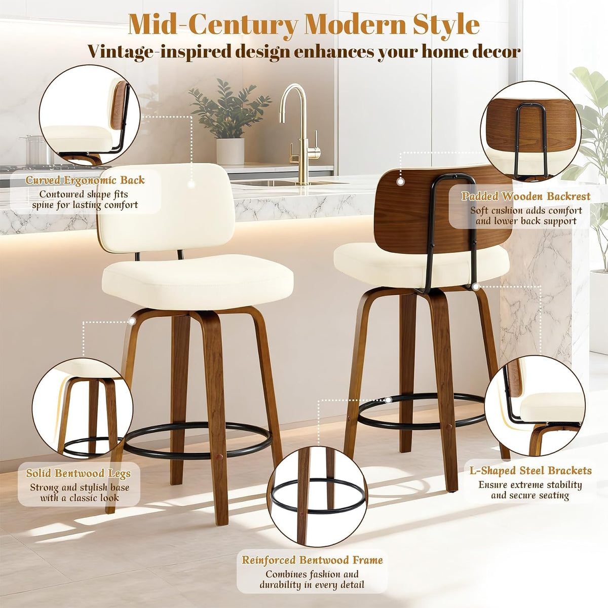 Counter Height Bar Stools Set of 3, 26+inch Swivel Faux Leather Barstool with Back, Upholstered Mid-Century Modern Bar Chairs with Bent Wood Legs for Kitchen Counter, Dining Room, Cream White