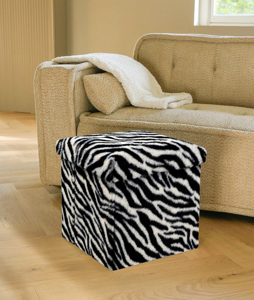 Luxe Faux Fur Storage Ottoman, Zebra Black/White, 15 x 15 x 15 in | Engineered Wood, Tool-Free Assembly, Modern Style, Seat And Footrest