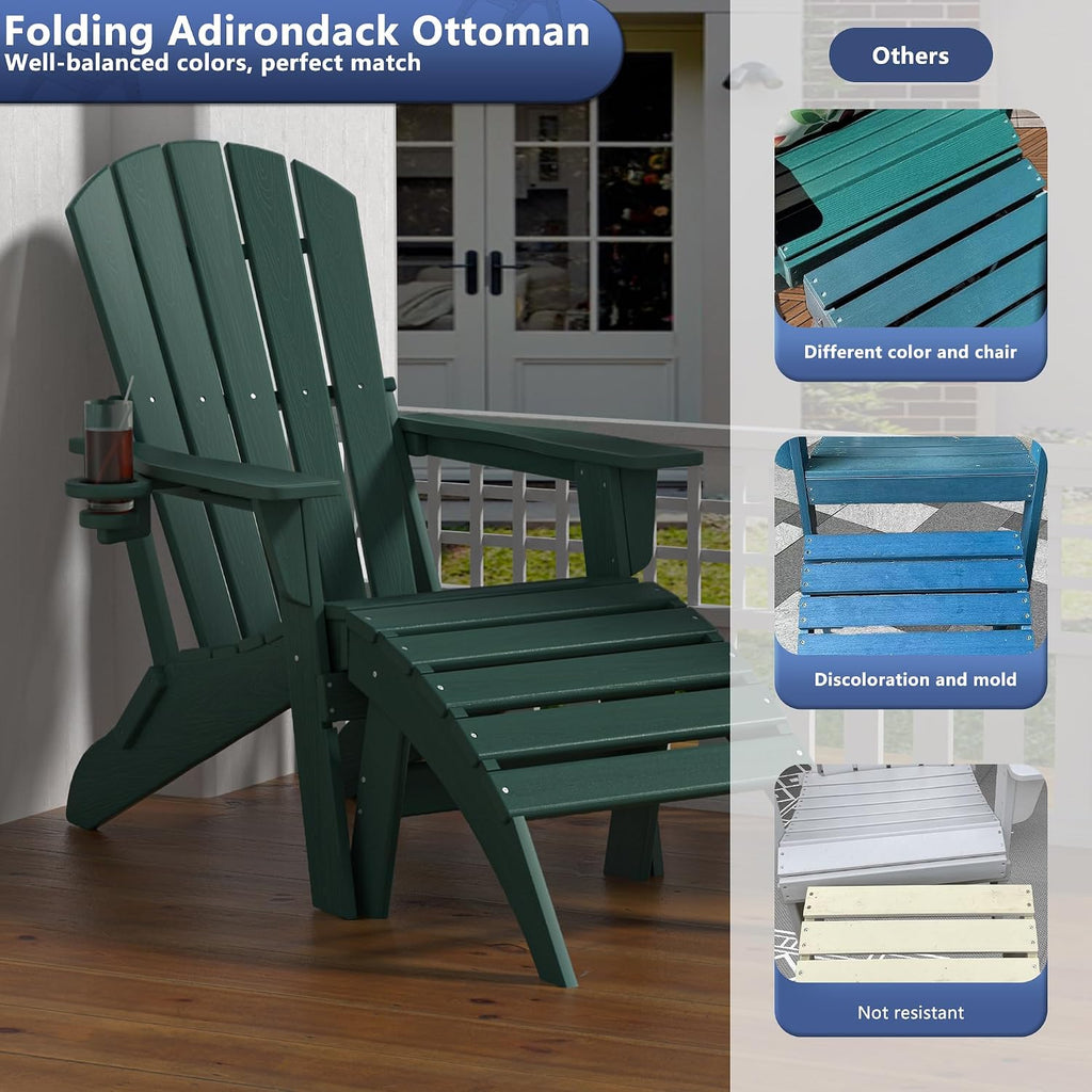 Plawdlik Folding Ottoman for Adirondack Chair–HDPE All-Weather Footrest for Outdoor Use, Garden & Poolside– Anti-Cracking, Fade-Resistant, Easy Assembly–Green