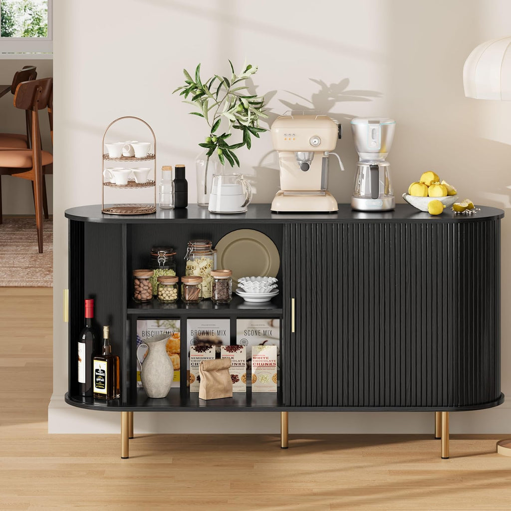 DHH Sideboard Buffet Cabinet with Storage,Mid Century Modern Fluted Accent Coffee Bar Console Table,Tambour Sliding Doors& Adjustable Shelf for Kitchen, Living Room, Entryway(Black, 55 Inch)