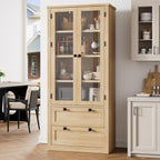 71" Tall Kitchen Pantry Cabinet - Modern Display Storage Cabinet with 2 Large Drawers, Glass Doors, and Adjustable Shelves, Farmhouse Kitchen Cupboard for Dining Room, Bathroom, Living Room, Natural