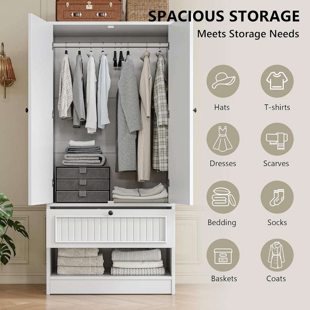 Feonase Armoire Wardrobe Cabinet with Mirror and Drawer, 70" 2-Door Wooden Closet Organizer for Bedroom Storage, White