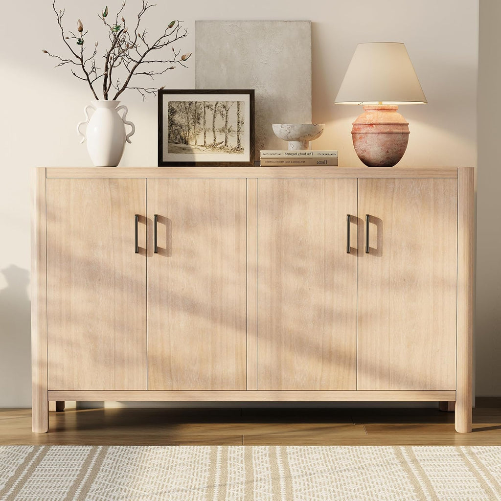 VilroCaz Farmhouse Wood 4-Door Cabinet Sideboard with Smooth Rounded Corners, Rustic Accent Entryway Console Table for Hallway Living Room Dining Room