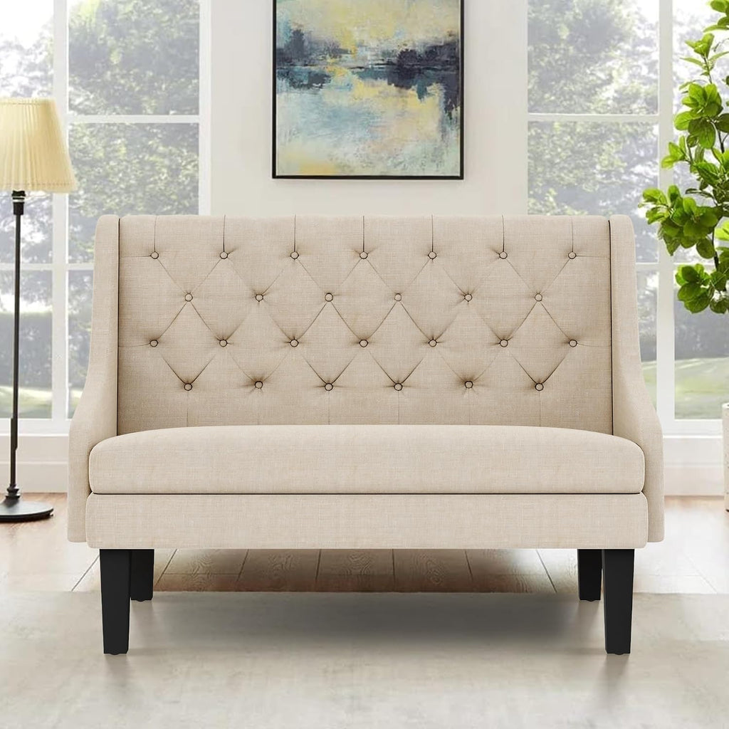 Settee Bench with Back Small Loveseat for Dining Room Living Room Entryway Modern Upholstered Banquette Button Tufted Mini Couch with Wood Legs Cream