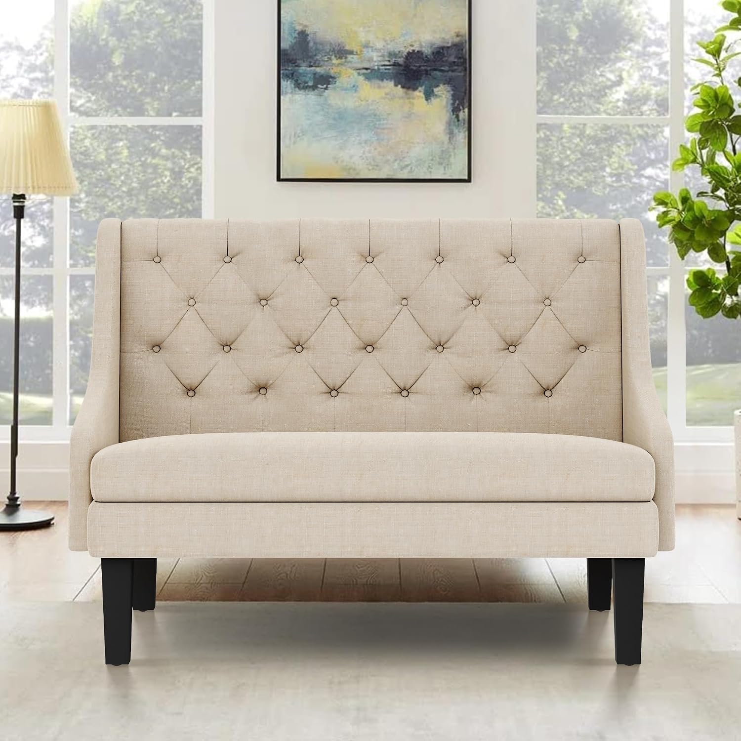 Settee Bench with Back Small Loveseat for Dining Room Living Room Entryway Modern Upholstered Banquette Button Tufted Mini Couch with Wood Legs Cream