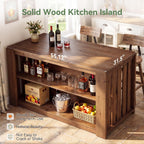 55" Solid Wood Kitchen Island with Storage and Seating, 3-Tier | Farmhouse Stationary Island Table, Side Slatted Design, Large Worktop, Closed Back Panel, Rustic Counter Height Dining Table