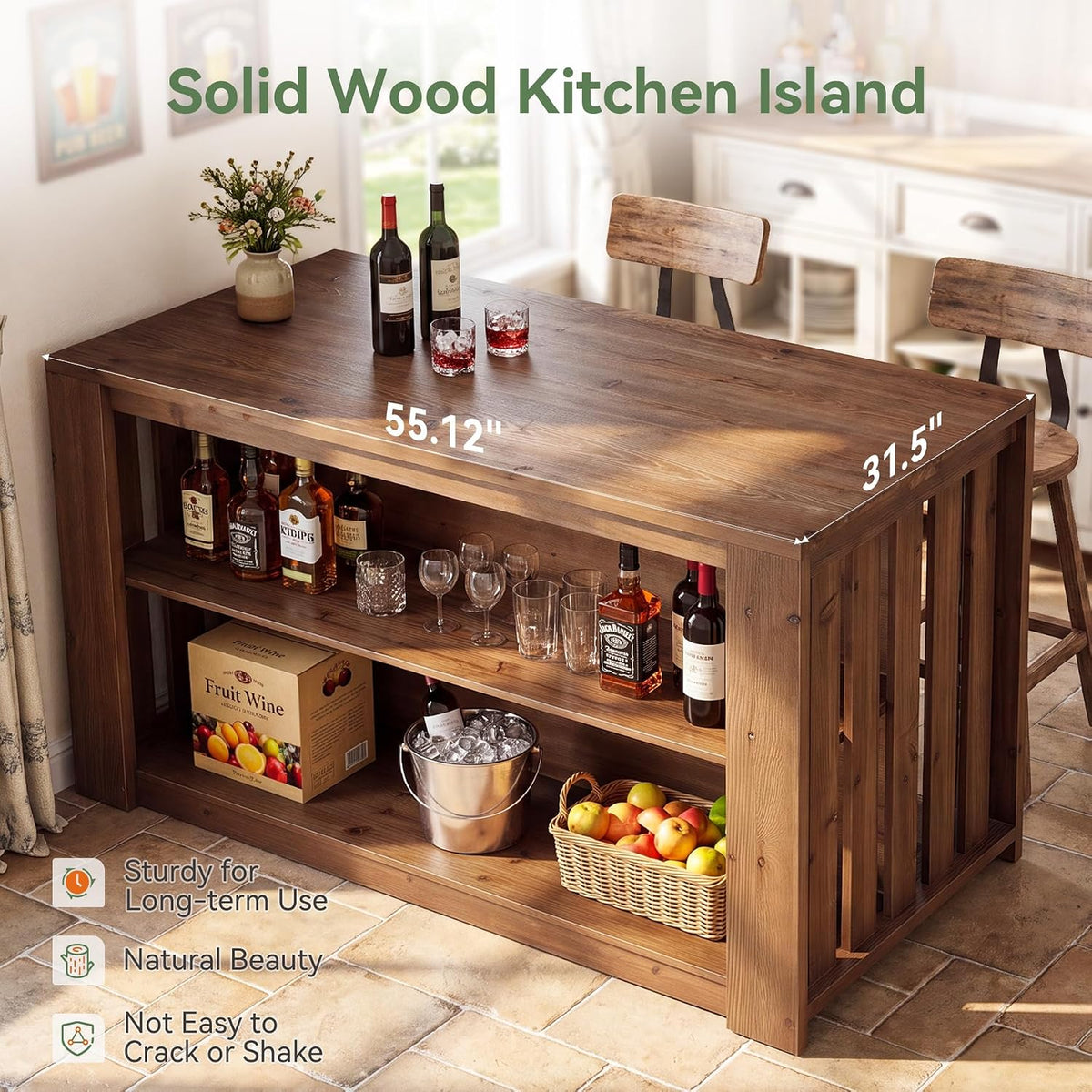 55" Solid Wood Kitchen Island with Storage and Seating, 3-Tier | Farmhouse Stationary Island Table, Side Slatted Design, Large Worktop, Closed Back Panel, Rustic Counter Height Dining Table