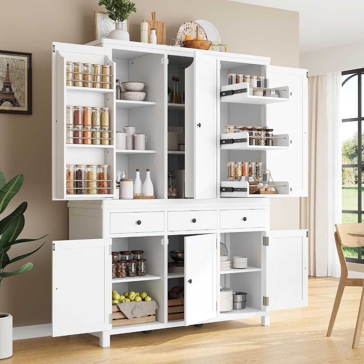 Farmhouse 74.8''H High Freestanding Kitchen Pantry,Large Cupboard Storage with Door Shelves,Adjustable Shelves, Pull-Out Trays and Drawers (White-A)