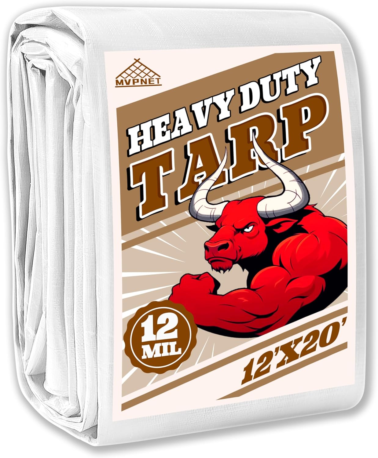 Tarp 12x20 ft Heavy Duty 12mil 100% Waterproof High Durability Multipurpose,Uv Resistant,White Tarp Suitable for Swimming Pools, Boats, Camping, Courtyards, Etc -by MVPNET