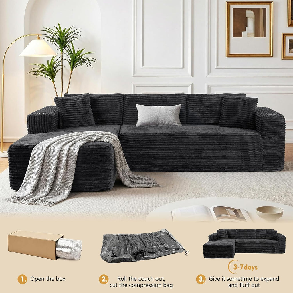 JAMFLY 103" Modular Sectional Sofa for Small Spaces, No Assembly, Black | Pet-Friendly Corduroy, High Back Support, Compact for Apartments, Ready to Use, Deep Seat & Memory Foam