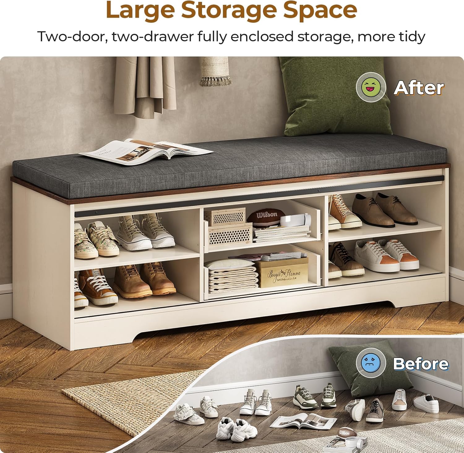UPOSOJA 60“ Farmhouse Storage Bench with Cushion, Shoe Rack with Slide Barn Doors, Adjustable Shelf and 2 Drawer for Entry, Bedroom, Closet, Living Room, Hallway (White Brown, 60 in)