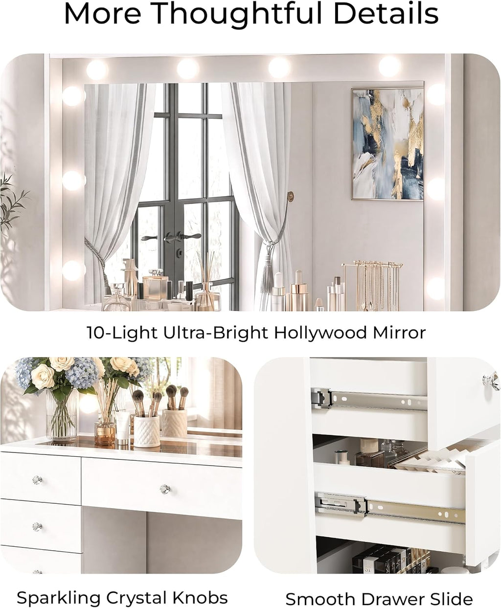 Otterease White Makeup Vanity with Mirror and Lights,11 Drawers & Glass Top | Vanity Desk Table with Charging Station and 10 LED Bulbs, Hair Dryer Holder, for Bedroom