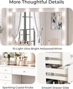 Otterease White Makeup Vanity with Mirror and Lights,11 Drawers & Glass Top | Vanity Desk Table with Charging Station and 10 LED Bulbs, Hair Dryer Holder, for Bedroom