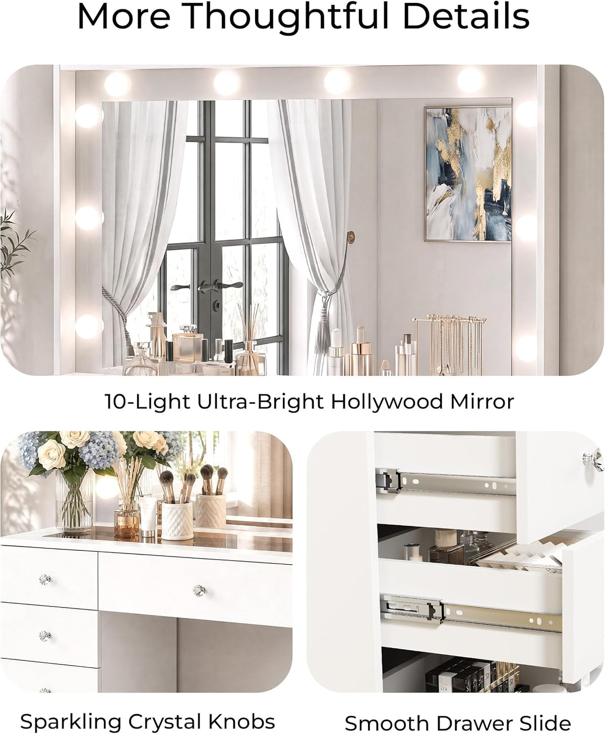 Otterease White Makeup Vanity with Mirror and Lights,11 Drawers & Glass Top | Vanity Desk Table with Charging Station and 10 LED Bulbs, Hair Dryer Holder, for Bedroom