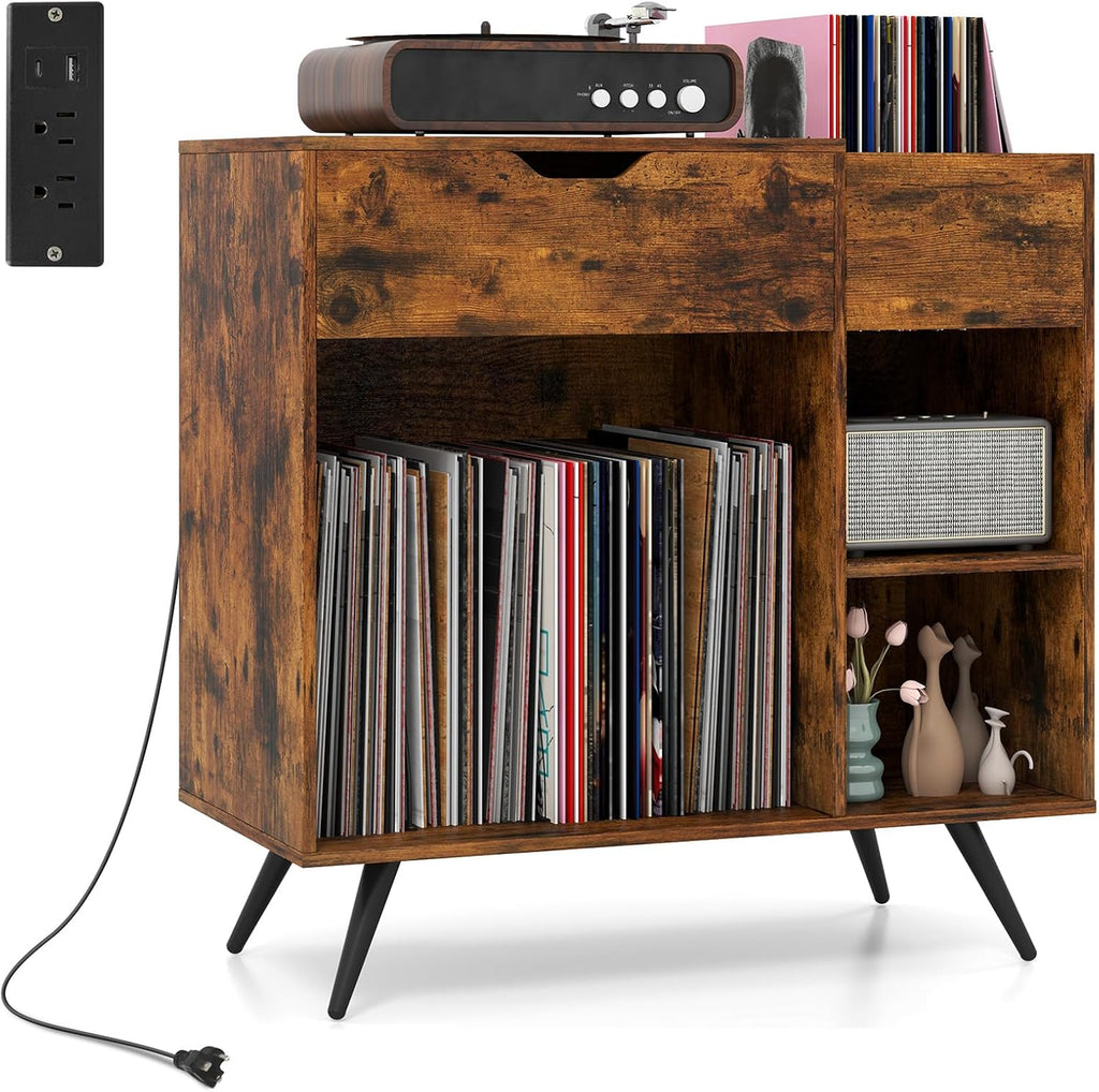 LOKO Record Player Stand with Charging Station, Vinyl Record Holder with Removable Divider, Industrial Turntable Display Stand, Record Storage Table Cabinet for Living Room, Bedroom, Rustic Brown