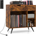 LOKO Record Player Stand with Charging Station, Vinyl Record Holder with Removable Divider, Industrial Turntable Display Stand, Record Storage Table Cabinet for Living Room, Bedroom, Rustic Brown