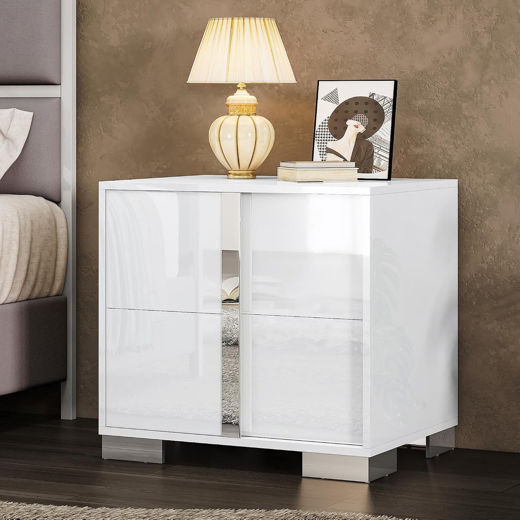 AMERLIFE Modern Nightstand, 23.6" End Table with 2 Drawers, White | Bedside Table for Bedroom, High Gloss UV Finish, Electroplated Pull Handle & Legs