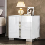 AMERLIFE Modern Nightstand, 23.6" End Table with 2 Drawers, White | Bedside Table for Bedroom, High Gloss UV Finish, Electroplated Pull Handle & Legs