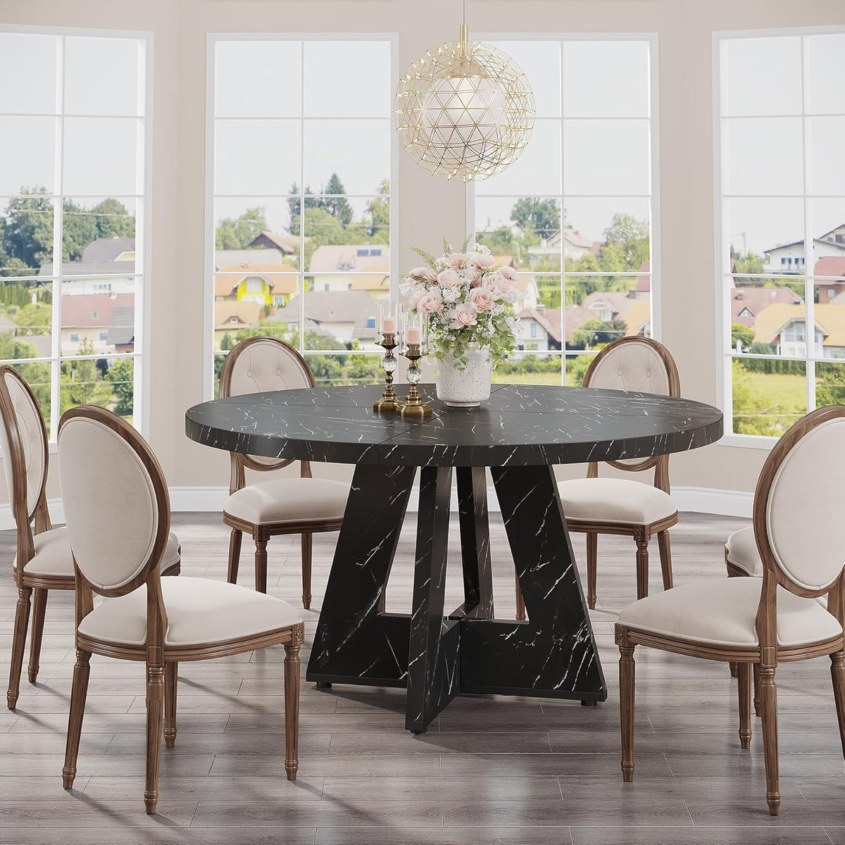 Tribesigns 47 inch Round Dining Table Wood Kitchen Table for Dining Room, 47" Dinner Room Tables for 4-6, Farmhouse Accent Furniture with Wooden Tabletop and Cross Base, Marbled Wood