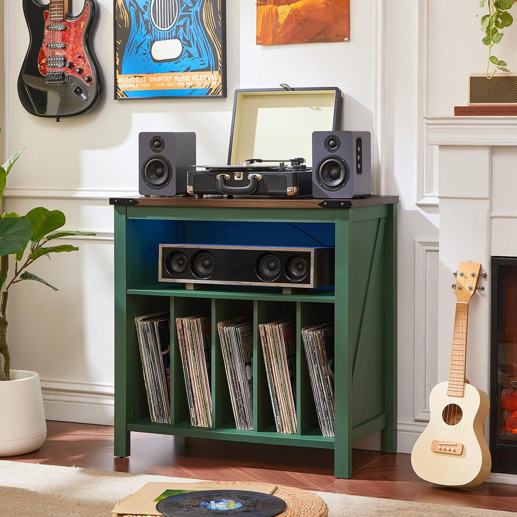 Joaxswe Large Record Player Table with Charging Station & LED Lights, Green Vinyl Record Storage Cabinet Holds up to 230 Albums, Turntable Stand with Display Shelf for Music Room Bedroom Living Room