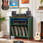 Joaxswe Large Record Player Table with Charging Station & LED Lights, Green Vinyl Record Storage Cabinet Holds up to 230 Albums, Turntable Stand with Display Shelf for Music Room Bedroom Living Room