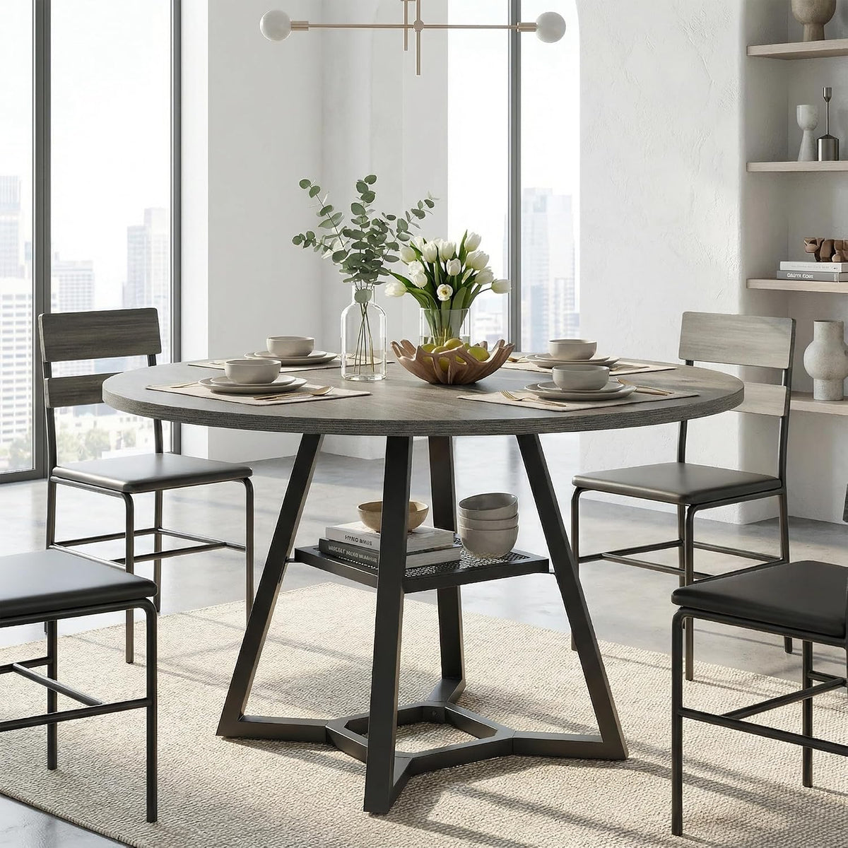 knoworld 51" Round Dining Table for 4-6, Kitchen Table with Storage Shelf, Heavy Duty Circle Pedestal Table for Small Spaces, Farmhouse Wood Dinner Table,Grey