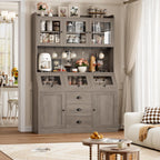 HIFIT 71.4” H Kitchen Hutch Pantry Cabinet with 3 Bread Boxes&7 Metal Hooks | Farmhouse Kitchen Hutch Cabinet with Storage and Glass Doors for Living Dining Room, Home Office, Ash Grey