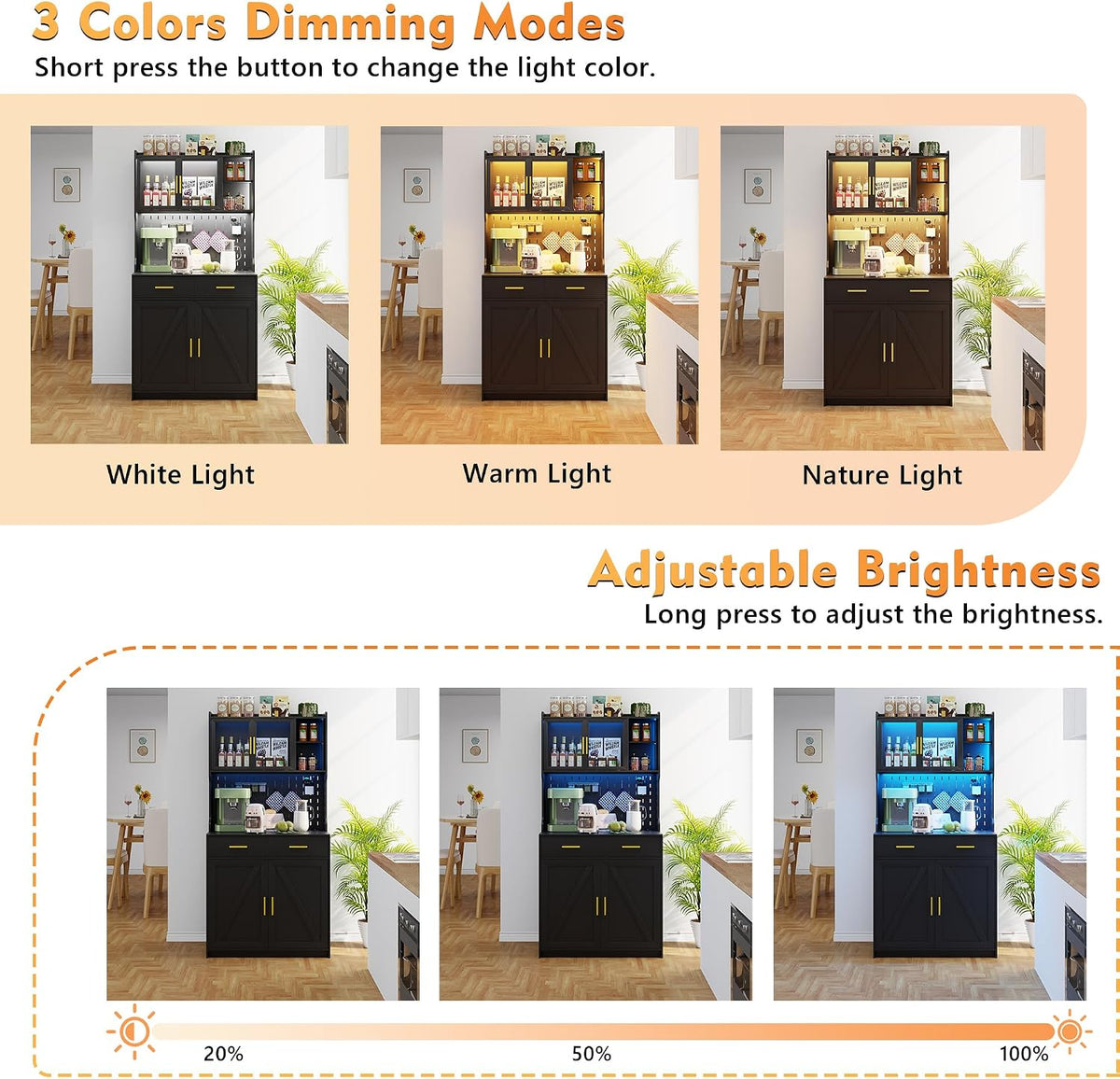 Gurexl 64" Farmhouse Kitchen Pantry with Auto Sensor LED,Storage Cabinets with 2 Outlets for Microwave & USB-C Ports,Hutch Cabinet with Pegboard,2 Cabinet,2 Drawers,1 Large Countertop