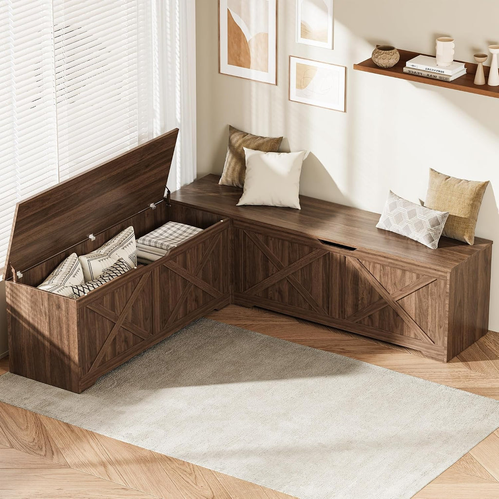 L Shaped Storage Bench, 63" Corner Bench with Storage, Breakfast Nook Bench with 3 Hidden Flip-Top Compartments, Backless Dining Bench for Kitchen, Entryway, Dining Room, Walnut