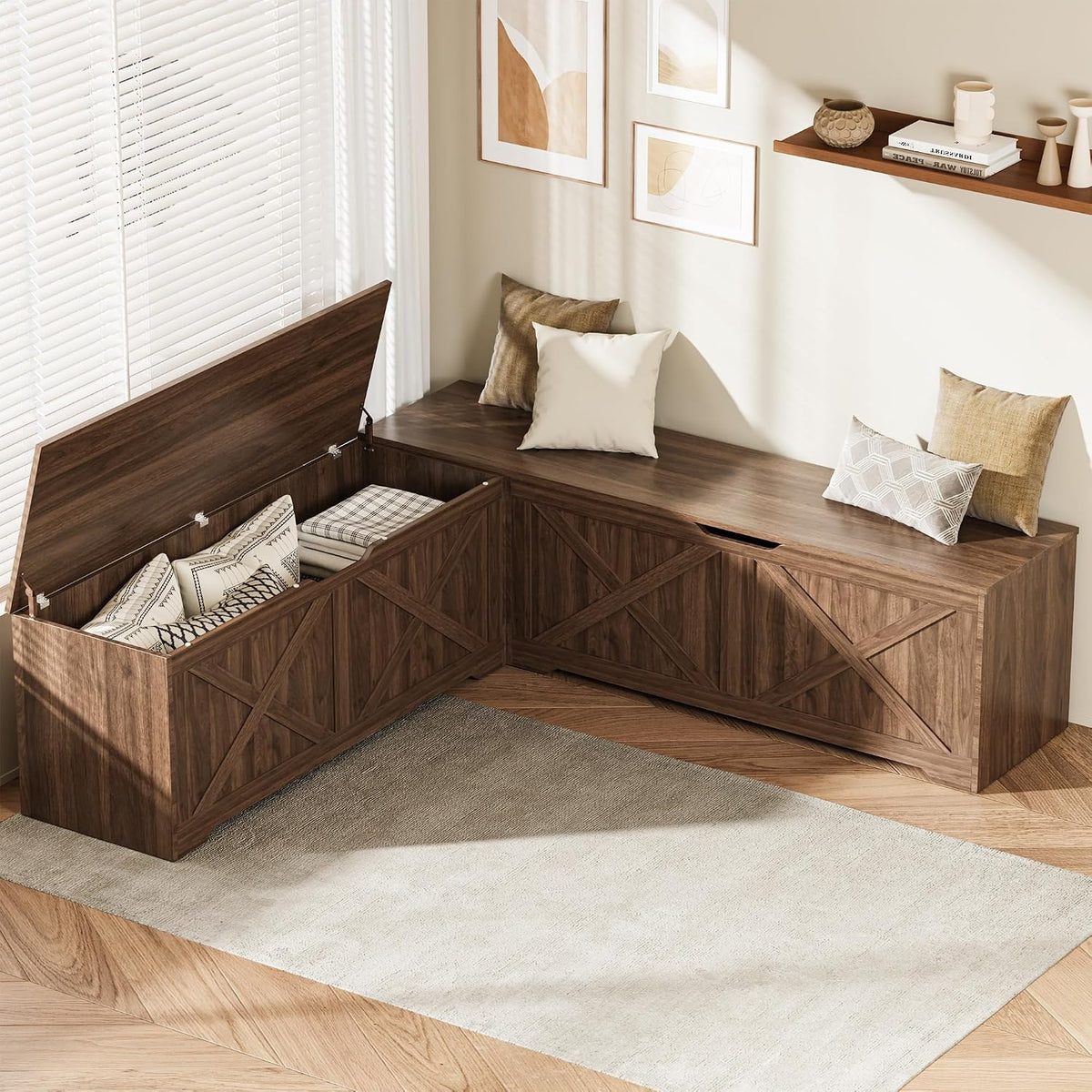 L Shaped Storage Bench, 63" Corner Bench with Storage, Breakfast Nook Bench with 3 Hidden Flip-Top Compartments, Backless Dining Bench for Kitchen, Entryway, Dining Room, Walnut