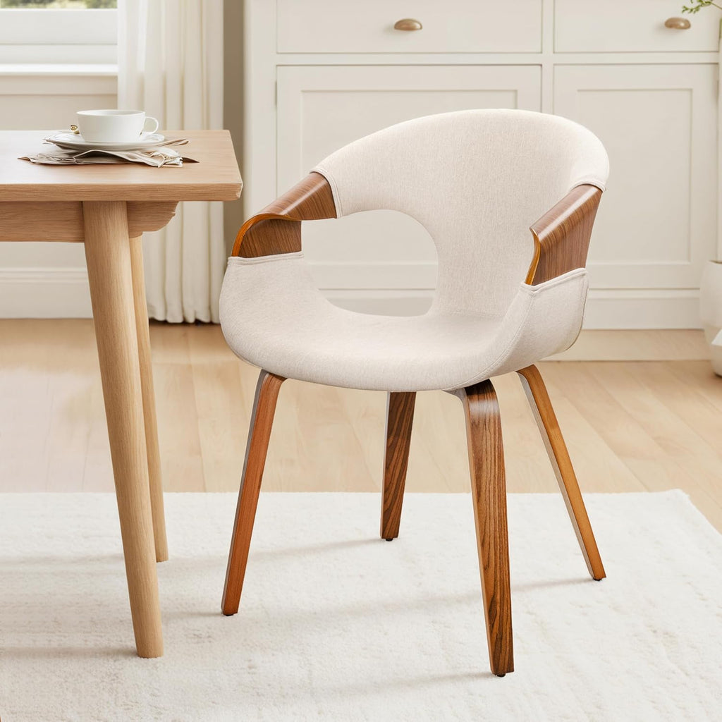 Zouron Fabric Dining Chair, Upholstered Chair with Armrest, Accent Chairs with Wood Legs for Kitchen Dining Room Desk, Walnut Wood Veneer, Beige Fabric