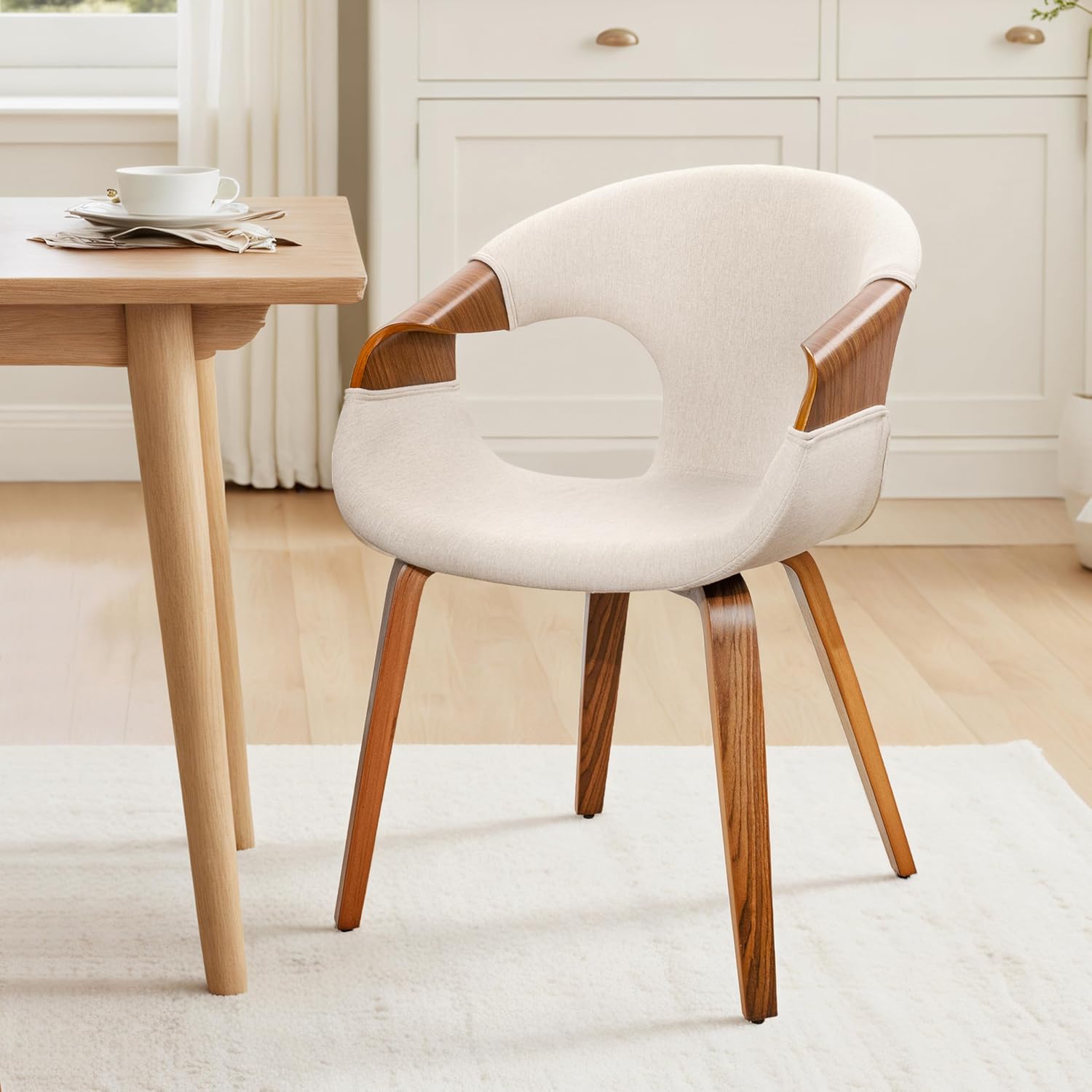 Zouron Fabric Dining Chair, Upholstered Chair with Armrest, Accent Chairs with Wood Legs for Kitchen Dining Room Desk, Walnut Wood Veneer, Beige Fabric
