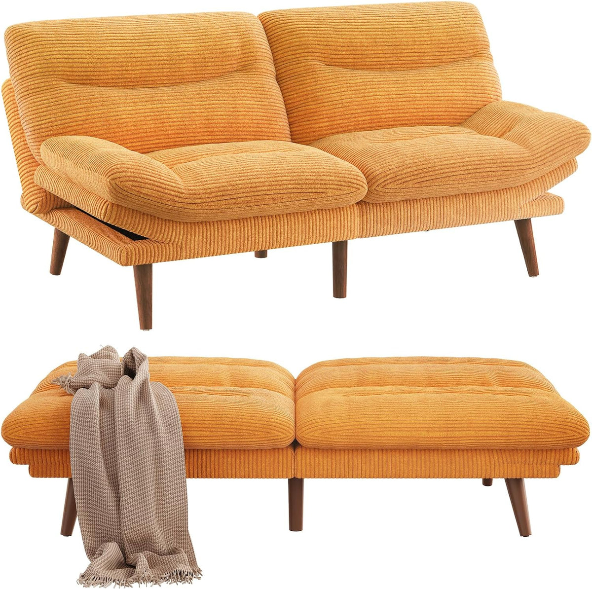 Pipishell Futon Sofa Bed, Modern 66" Futon Couch Convertible to Bed & Lounger, Compact Size, Corduroy Loveseat, Durable Construction - Fits Small Spaces, Apartments,Study Room (Yellow, 66 Inch)