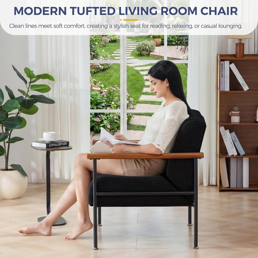 MAXYOYO Accent Chair, Modern Living Room Chair with Metal Frame | Upholstered Reading Chair with Support Cushion, Comfortable Seating for Living Rooms, Bedrooms, Balconies or Porches, Black