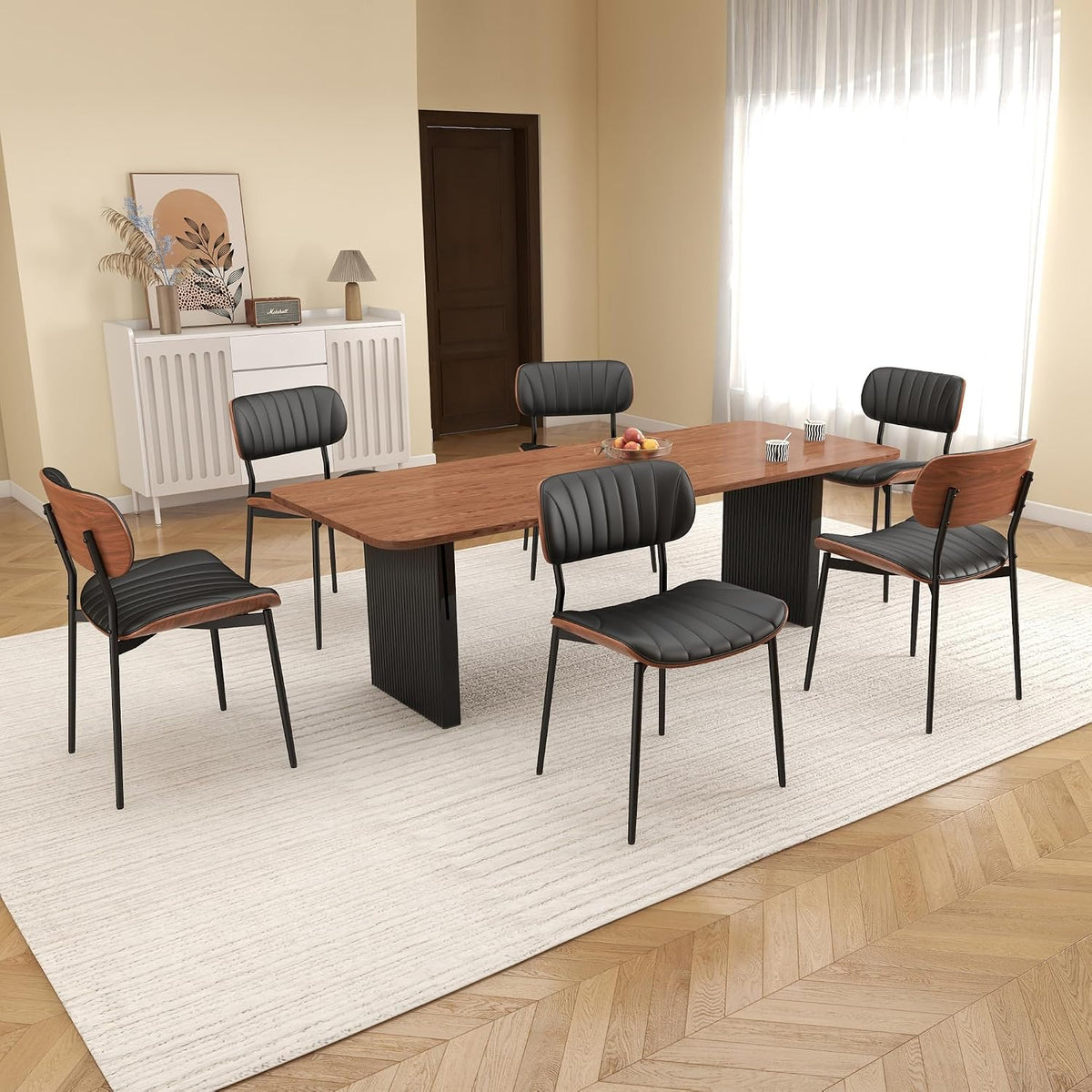 Modern Dining Chairs Set of 2,Upholstered PU Leather Kitchen Chairs,Black | Mid Century Walnut Bentwood Back and Metal Legs for Kitchen Dining Room Living Room