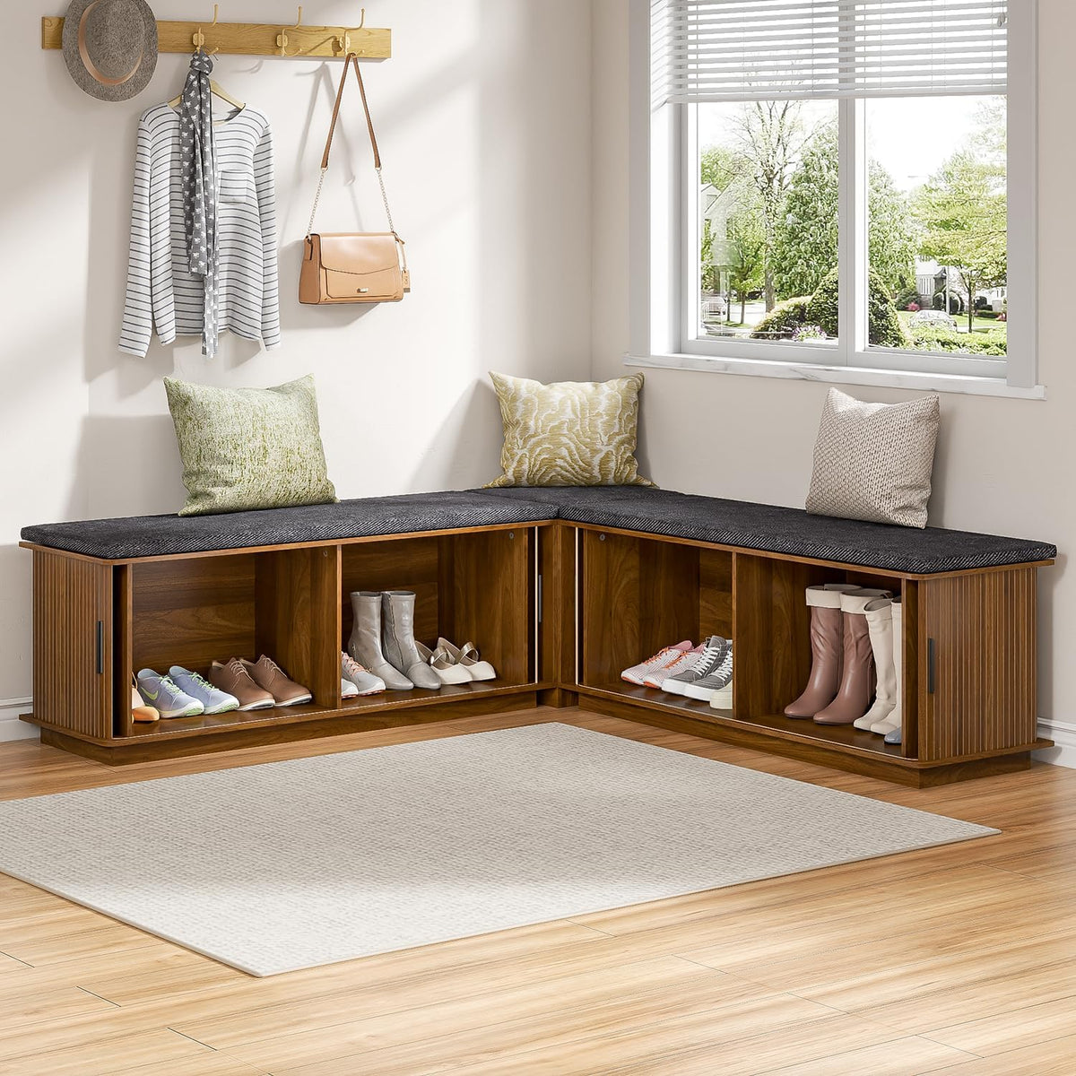 Corner Storage Bench with Hidden Storage, L-Shaped Shoe Bench with Cushion, Space Saving Storage Bench for Entryway, Kitchen, Cloakroom, Dining Room, Walnut