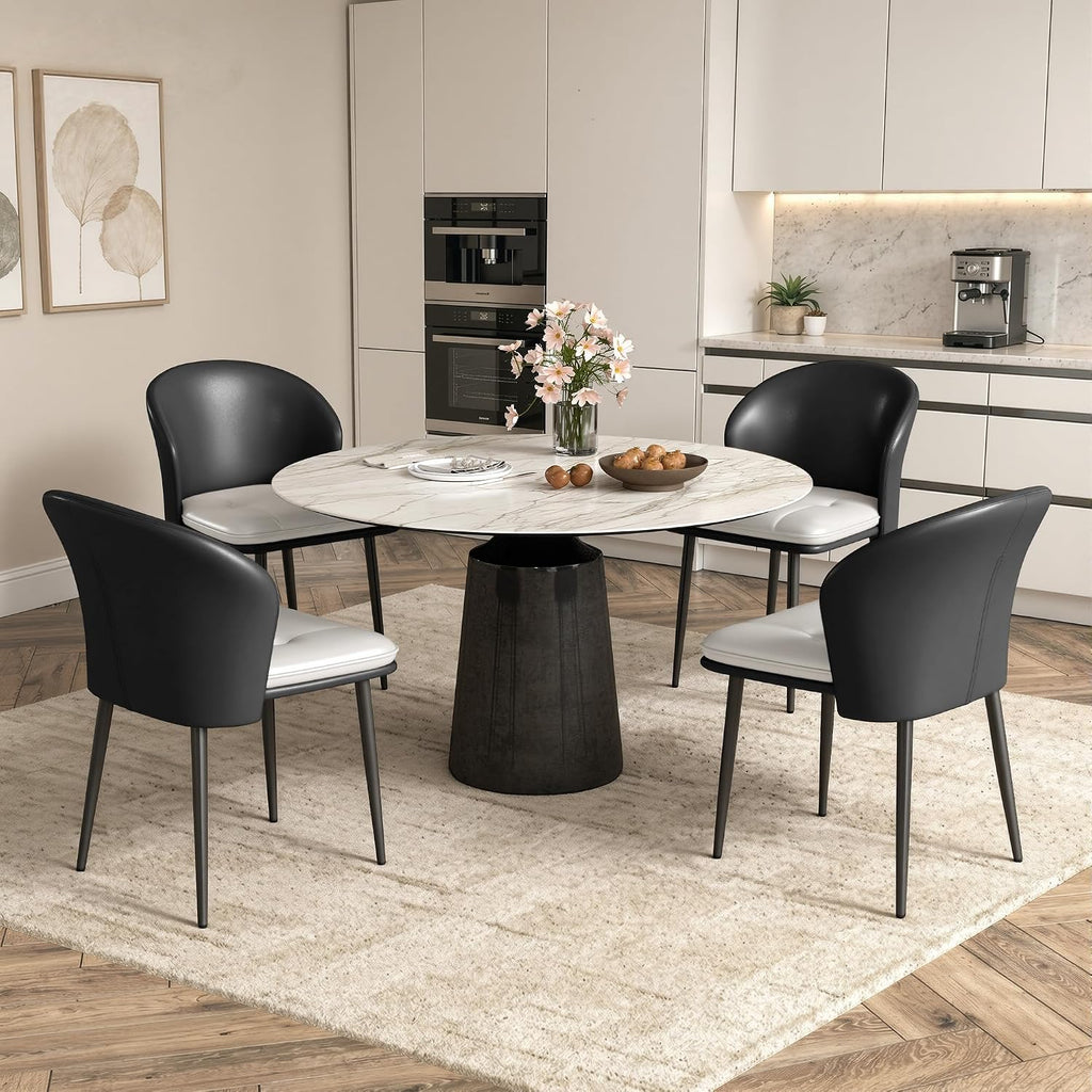 Faux Leather Dining Chairs Set of 4, Curved Back Upholstered Accent Chair, Modern Kitchen Side Chair with Metal Legs for Dining Room, Living Room, Bedroom, Black