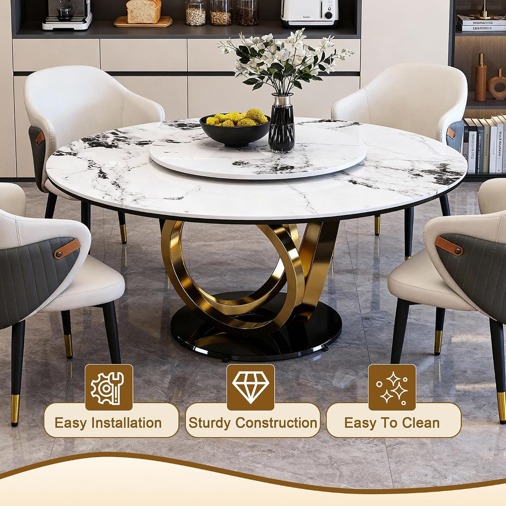 Montary 53” Modern Round Dining Table for 4-8 Seat, Artificial Marble Dining Room Table with Lazy Susan, 3 Gold Circles Stainless Steel Base, Sintered Stone Top Dining Table (Only Table)