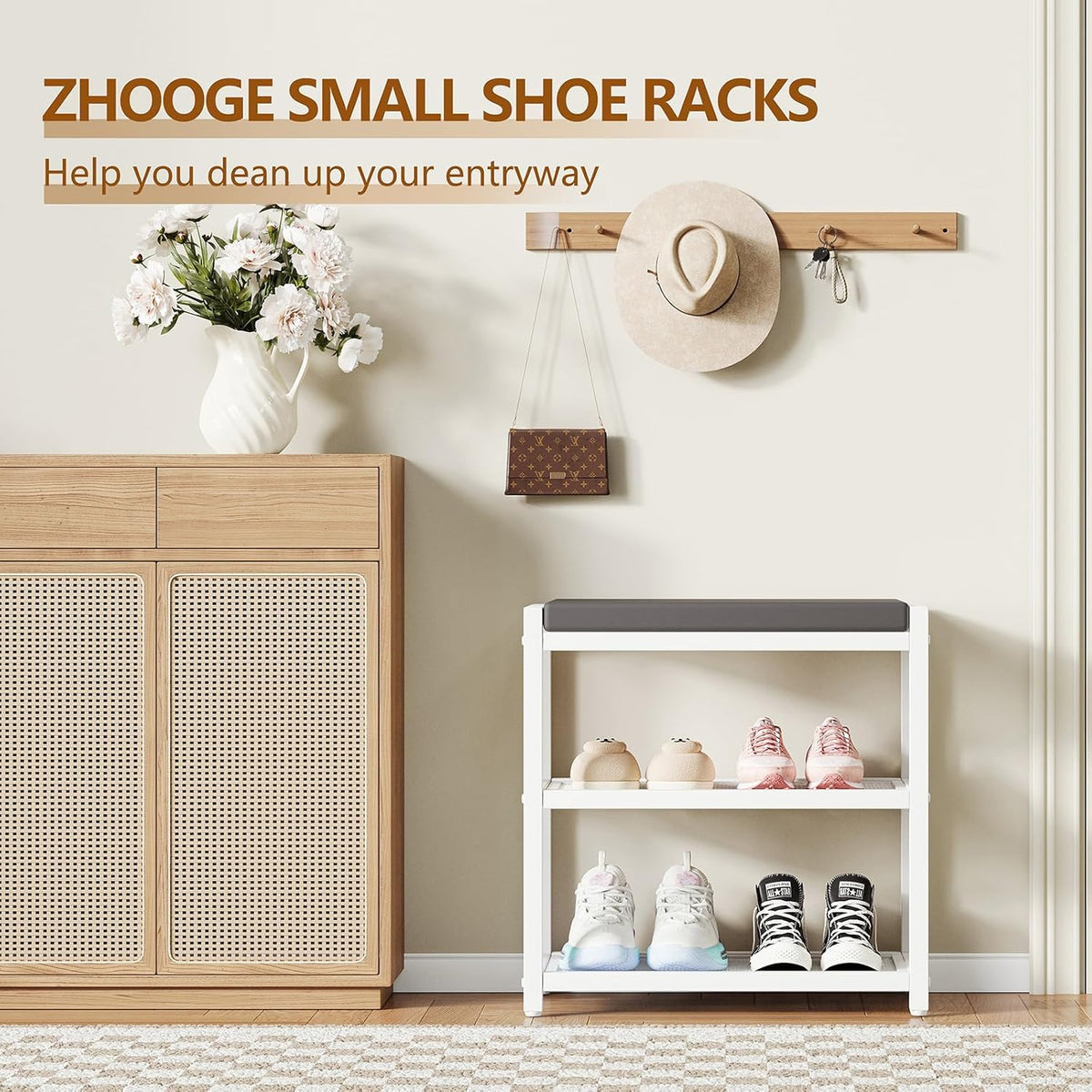 Small Shoe Bench Shoe Rack Storage Bench Entryway Bench Shoe Shelf with Seat Cushion, Stable Shoe Organizer for Entryway, Living Room, Bench Seat Holds Up to 300 lb, (18"L x 12"W x 17"H, White)