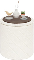 PINPLUS Ottoman with Stroage Round Boucle Ottoman and Tray Sherpa Removable Foot Stool Coffee Table for Dorm, Living Room White, 16.9"x16.9"x17.7"
