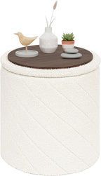 PINPLUS Ottoman with Stroage Round Boucle Ottoman and Tray Sherpa Removable Foot Stool Coffee Table for Dorm, Living Room White, 16.9"x16.9"x17.7"