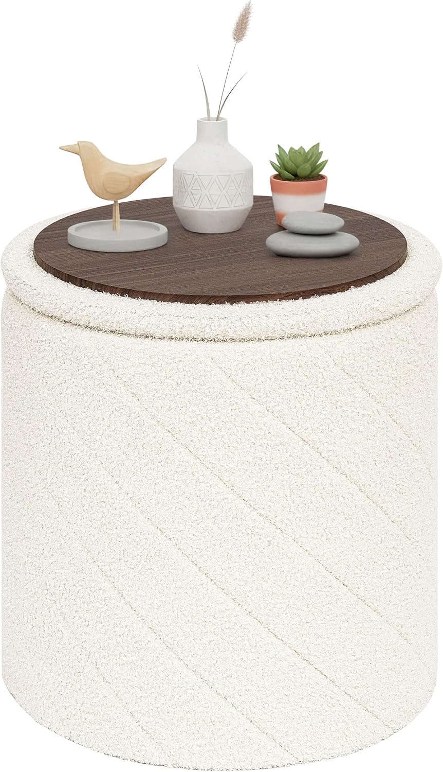 PINPLUS Ottoman with Stroage Round Boucle Ottoman and Tray Sherpa Removable Foot Stool Coffee Table for Dorm, Living Room White, 16.9"x16.9"x17.7"