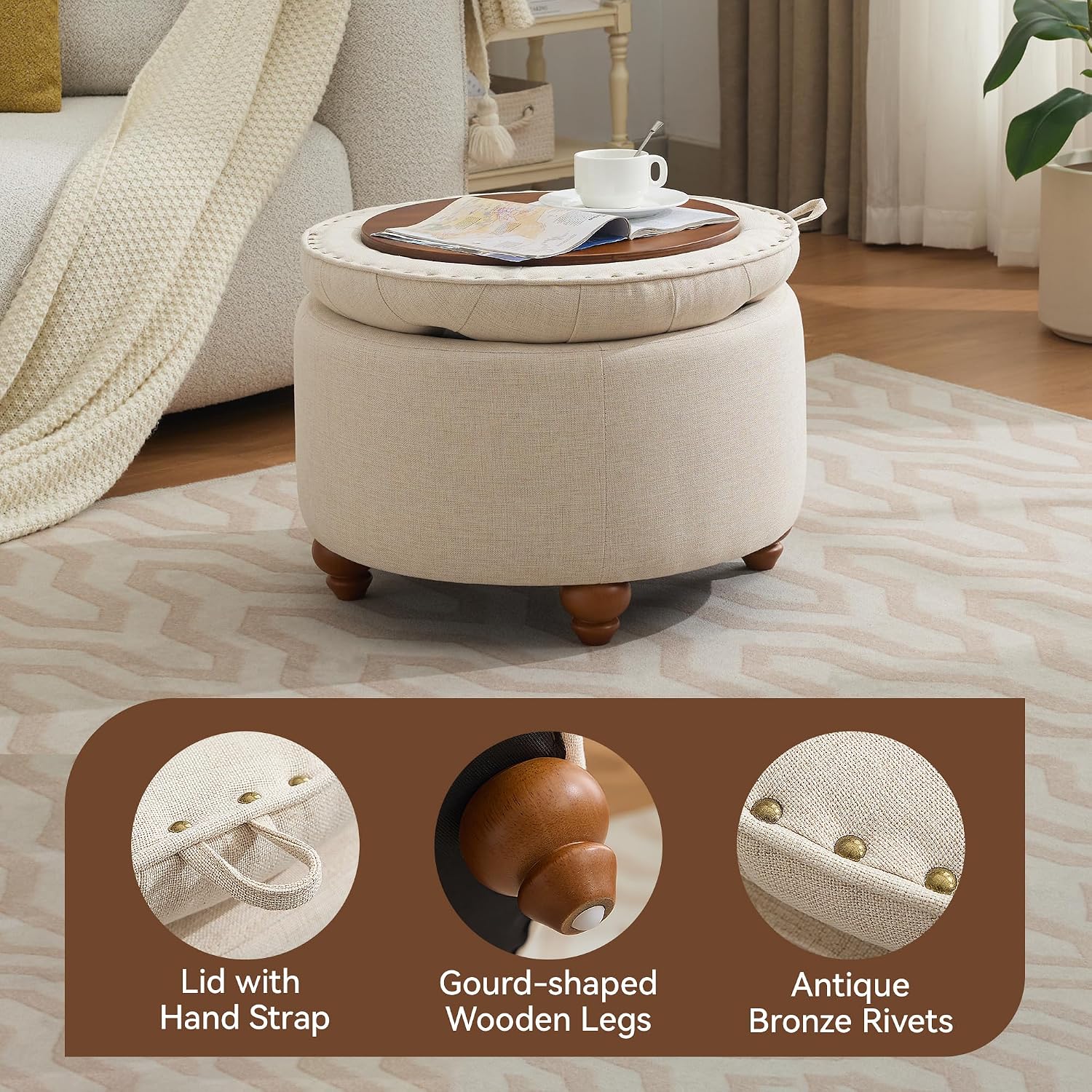 WUTUTUEE 24Inch Round Storage Ottoman with Tray, Modern Tufted Fabric Circle Coffee Table with Storage, Upholstered Ottoman with Removable Top for Living Room, Bedroom, Khaki