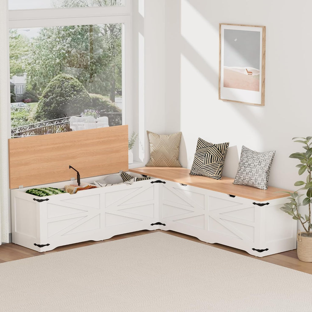 L Shape Storage Bench, Kitchen Breakfast Nook Bench, Farmhouse Corner Bench with Storage for Entryway, Dining Room, Kitchen