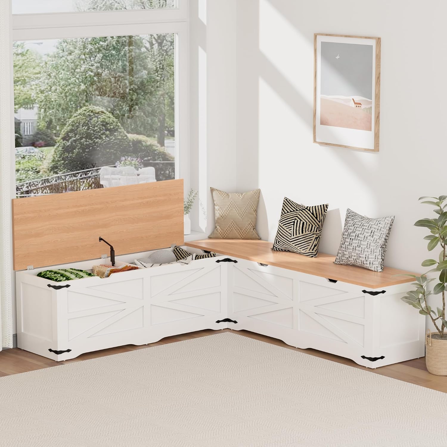 L Shape Storage Bench, Kitchen Breakfast Nook Bench, Farmhouse Corner Bench with Storage for Entryway, Dining Room, Kitchen